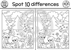 Find differences game. Ecological black and white educational activity with cute boy and girl collecting waste in the forest.