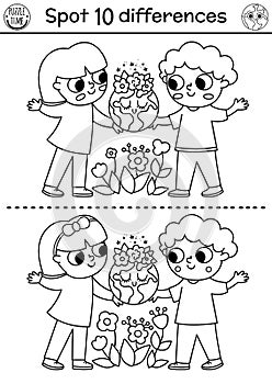 Find differences game. Ecological black and white educational activity with cute boy and girl holding planet. Earth day line