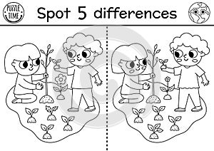 Find differences game. Ecological black and white educational activity with cute boy and girl planting tree. Earth day line puzzle
