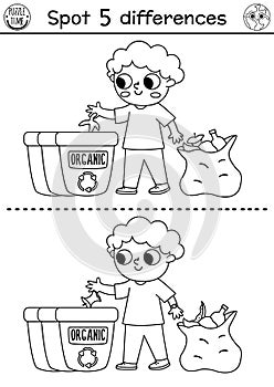 Find differences game. Ecological black and white educational activity with cute boy sorting out waste. Earth day line puzzle for