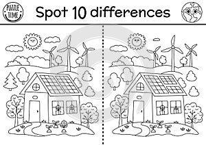 Find differences game. Ecological black and white educational activity with cute eco house, wind turbines. Earth day line puzzle