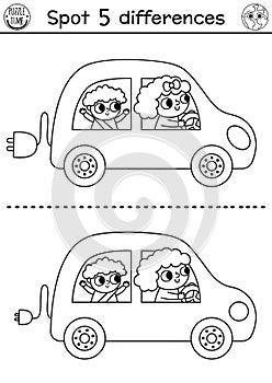 Find differences game. Ecological black and white educational activity with cute kid and mother driving electro car. Earth day