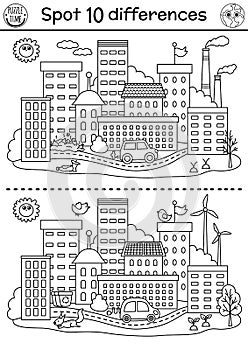 Find differences game. Ecological black and white educational activity with eco town or city. Earth day line puzzle for kids. Eco