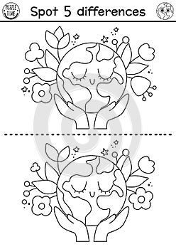 Find differences game. Ecological black and white educational activity with hands holding cute planet with flowers. Earth day line