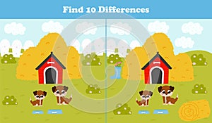 Find differences game for kids with dog family and house, haystacks, farm landscape in cartoon style