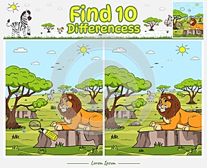 Find Differences game for kids with lion cartoon Savanna