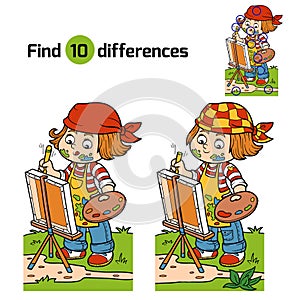 Find differences (Girl artist draws on nature, open air)