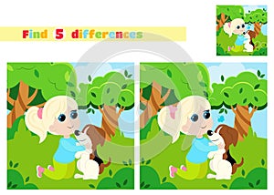 Find the differences. A girl and a dog are playing in the park in nature. An educational game for children.