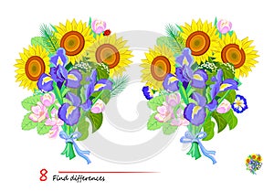 Find 8 differences. Illustration of a bouquet of flowers. Logic puzzle game for children and adults. Page for kids brain teaser