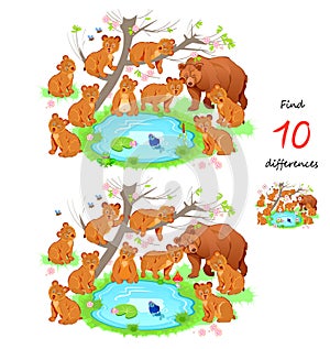 Find 10 differences. Illustration of cute bears family near forest lake. Logic puzzle game for children and adults. Page for kids