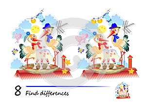 Find 8 differences. Illustration of happy stork family and nest with chicks. Logic puzzle game for children and adults. Page for