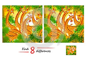 Find 8 differences. Illustration of a herd of giraffes in Africa. Logic puzzle game for children and adults. Page for kids brain