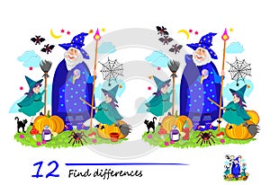 Find 12 differences. Illustration of wizard and little witches celebrating Halloween. Logic puzzle game for children and adults.