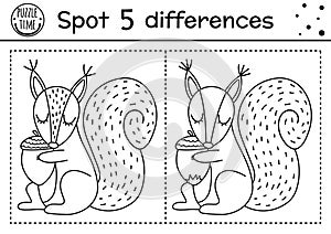 Find differences line game for kids. Black and white Autumn forest educational activity with squirrel and acorn. Printable