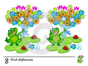 Find 8 differences. Logic puzzle game for children and adults. Page for kids brain teaser book. Illustration of cute frog with photo