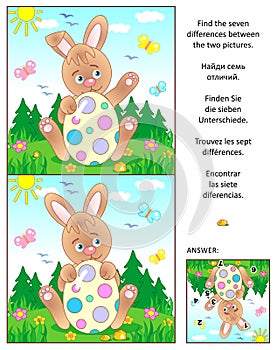 Find the differences picture puzzle with Easter bunny and painted egg