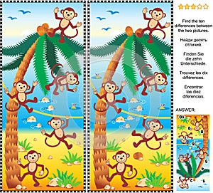 Find the differences picture puzzle - monkeys, beach, coconut palm photo