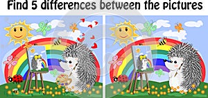 Find the differences between the pictures. Children's educational game. A hedgehog artist with a rainbow draw