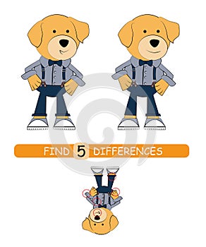 Find differences between pictures. Vector cartoon educational game. Cute dog.