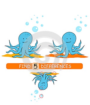 Find differences between pictures. Vector cartoon educational game. Cute octopus.	