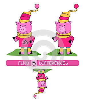 Find differences between pictures. Vector cartoon educational game. Cute pig.