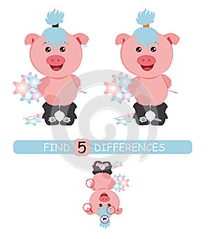 Find differences between pictures. Vector cartoon educational game. Cute pig with starts.