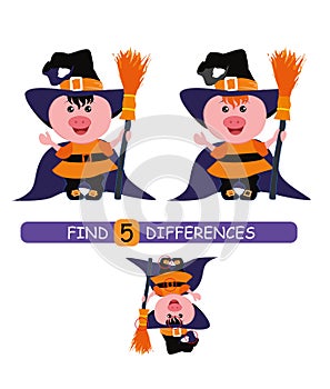 Find differences between pictures. Vector cartoon educational game. Cute pig in witch costume.