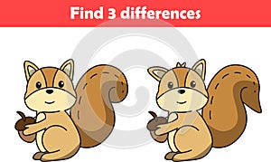 Education game for children find three differences between two squirrel animal cartoon