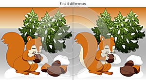 Find 5 differences with a squirrel gnawing nuts