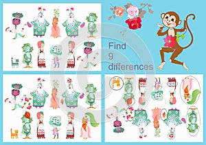 Find differences. Visual game for children and adults with cheerful unusual characters.