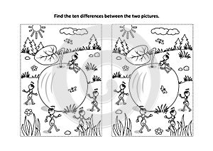 Find the differences visual puzzle and coloring page with apple and ants