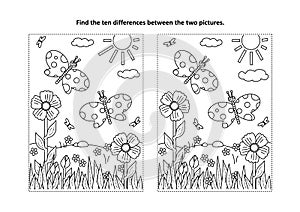 Find the differences visual puzzle and coloring page with butterflies