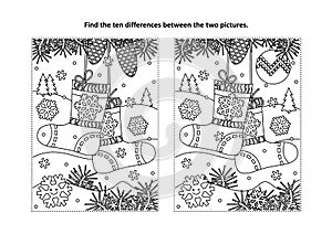 Find the differences visual puzzle and coloring page with christmas socks