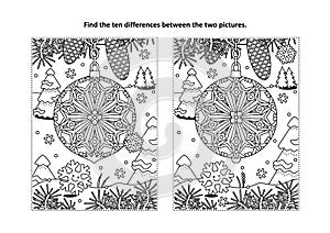 Find the differences visual puzzle and coloring page with christmas tree ornament