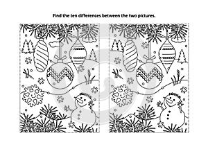 Find the differences visual puzzle and coloring page with christmas tree ornaments and snowman