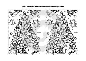 Find the differences visual puzzle and coloring page with christmas tree, snowman, gift