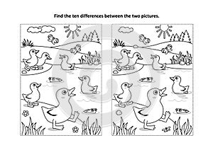 Find the differences visual puzzle and coloring page with ducklings on the pond