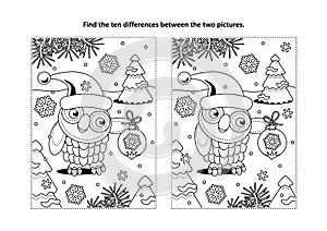 Find the differences visual puzzle and coloring page with holiday owls