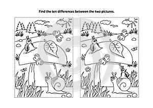 Find the differences visual puzzle and coloring page with mushroom and snails