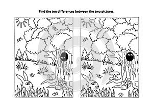 Find the differences visual puzzle and coloring page with nature scene