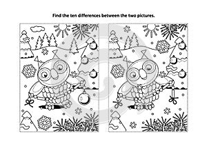 Find the differences visual puzzle and coloring page with owl and garland