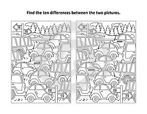 Find the differences visual puzzle and coloring page with retro toy transportation