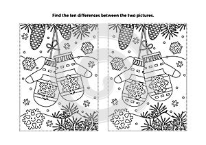 Find the differences visual puzzle and coloring page with Santa`s mittens photo