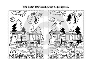 Find the differences visual puzzle and coloring page with tipper