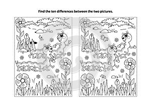 Find the differences visual puzzle and coloring page with two cute caterpillars