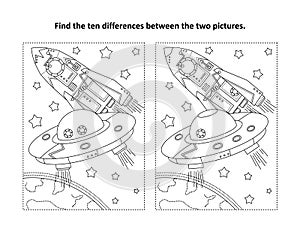 Find the differences visual puzzle and coloring page with UFO, Earth, spaceship