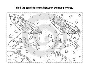 Find the differences visual puzzle and coloring page with UFO, Earth, spaceship photo