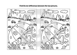 Find the differences visual puzzle and coloring page with umbrella, gumboots, frog