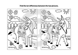 Find the differences visual puzzle and coloring page with walking donkey