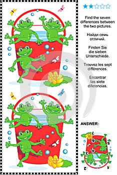 Find the differences visual puzzle - frogs and red bucket